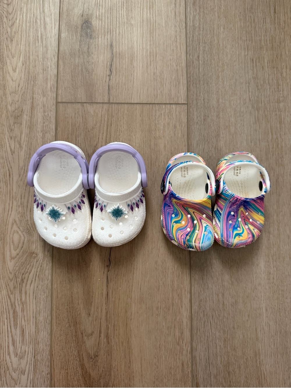 CROCS Kids' Clogs Duo — White with Lavender Trim & Multicolor Swirl Pair